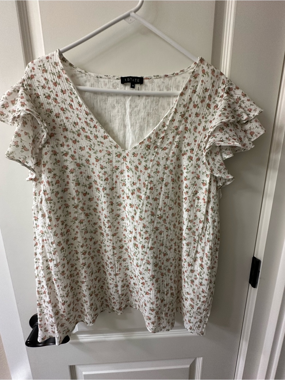 1. State White Floral V-Neck Ruffle Sleeve Blouse with Pink & Green Print